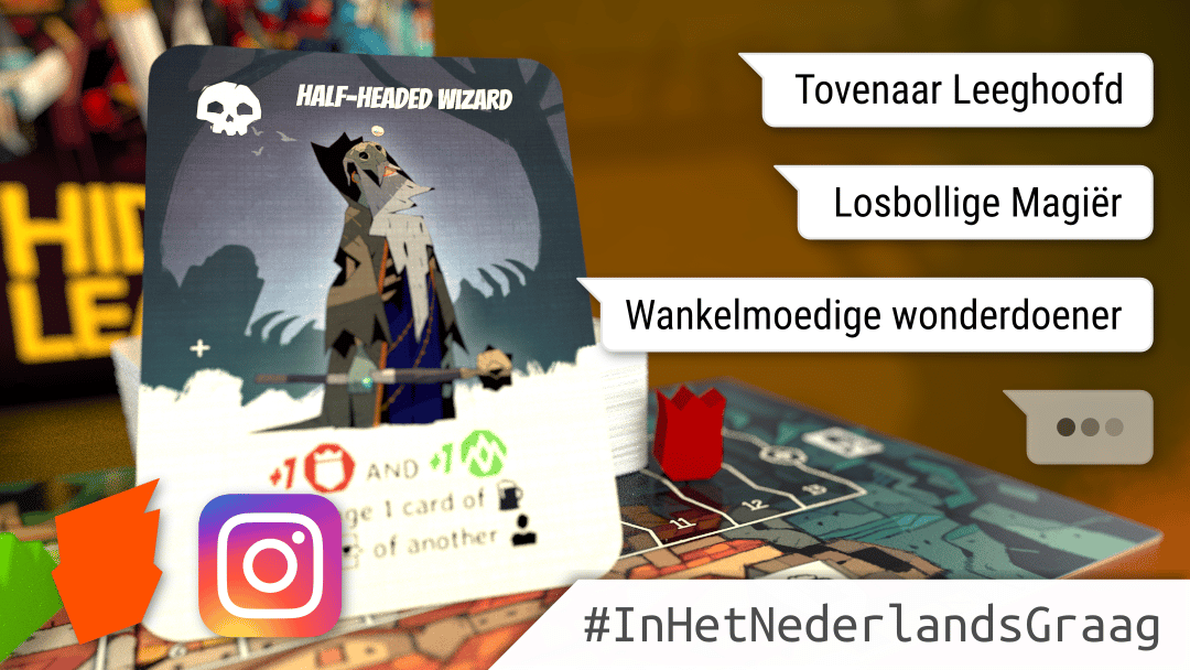 Kaart uit Hidden Leaders met Nederlandse naamsuggesties voor de held, met de hashtag #InHetNederlandsGraag